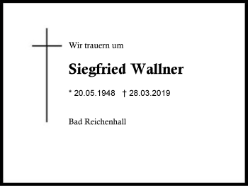 Traueranzeige von Siegfried Wallner von Region Chiemgau