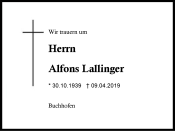 Traueranzeige von Alfons Lallinger von Region Berchtesgadener Land