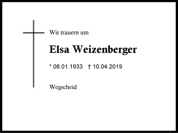 Traueranzeige von Elsa Weizenberger von Region Berchtesgadener Land