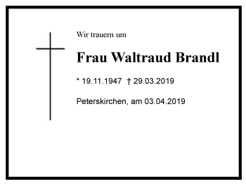 Traueranzeige von Waltraud Brandl von Region Chiemgau