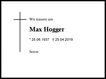 Traueranzeige von Max Hogger von Region Berchtesgadener Land