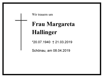 Traueranzeige von Margareta Hallinger von Region Berchtesgadener Land