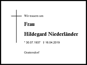 Traueranzeige von Hildegard Niederländer von Region Berchtesgadener Land