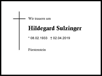 Traueranzeige von Hildegard Sulzinger von Region Berchtesgadener Land