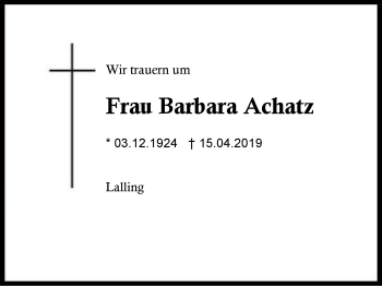 Traueranzeige von Barbara Achatz von Region Berchtesgadener Land