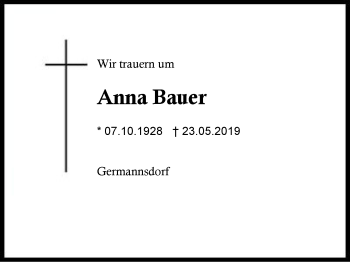 Traueranzeige von Anna Bauer von Region Berchtesgadener Land