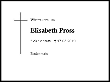 Traueranzeige von Elisabeth Pross von Region Berchtesgadener Land