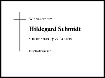 Traueranzeige von Hildegard Schmidt von Region Chiemgau