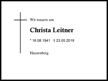 Traueranzeige von Christa Leitner von Region Berchtesgadener Land