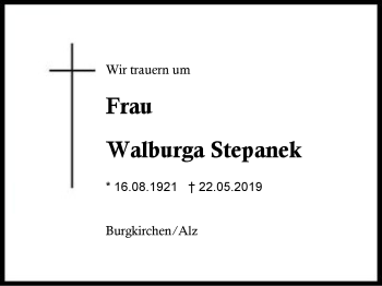 Traueranzeige von Walburga Stepanek von Region Berchtesgadener Land