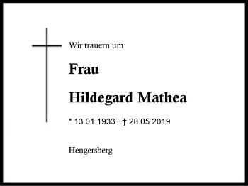 Traueranzeige von Hildegard Mathea von Region Berchtesgadener Land