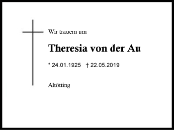 Traueranzeige von Theresia von der Au von Region Berchtesgadener Land