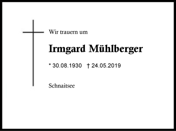 Traueranzeige von Irmgard Mühlberger von Region Berchtesgadener Land