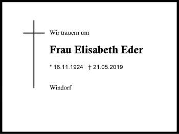 Traueranzeige von Elisabeth Eder von Region Berchtesgadener Land