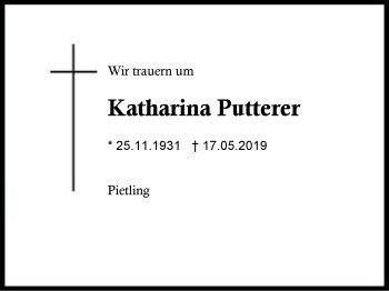 Traueranzeige von Katharina Putterer von Region Berchtesgadener Land