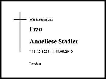 Traueranzeige von Anneliese Stadler von Region Berchtesgadener Land