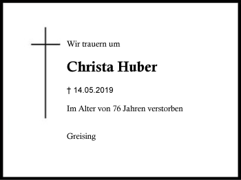 Traueranzeige von Christa Huber von Region Berchtesgadener Land