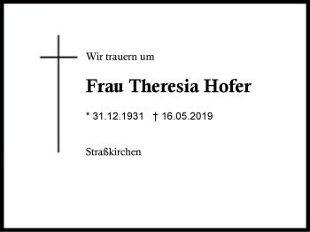 Traueranzeige von Theresia Hofer von Region Berchtesgadener Land