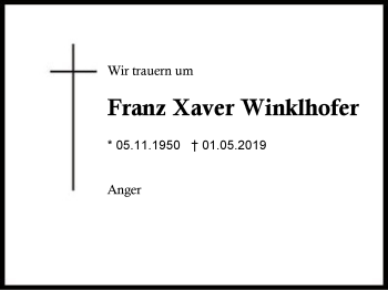 Traueranzeige von Franz Xaver Winklhofer von Region Berchtesgadener Land