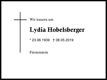 Traueranzeige von Lydia Hobelsberger von Region Berchtesgadener Land