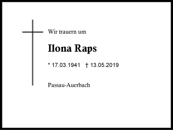 Traueranzeige von Ilona Raps von Region Berchtesgadener Land