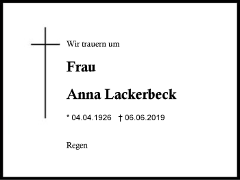 Traueranzeige von Anna  Lackerbeck von Region Berchtesgadener Land