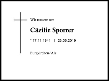 Traueranzeige von Cäzilie Sporrer von Region Berchtesgadener Land