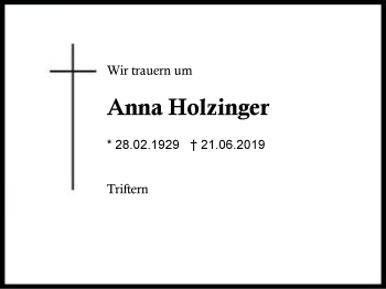 Traueranzeige von Anna Holzinger von Region Berchtesgadener Land