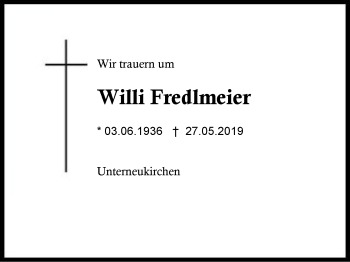 Traueranzeige von Willi Fredlmeier von Region Berchtesgadener Land