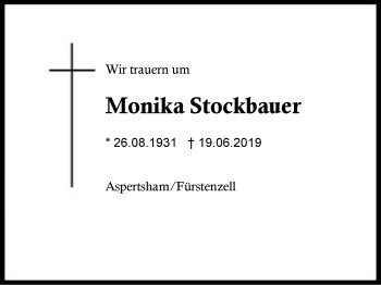 Traueranzeige von Monika Stockbauer von Region Berchtesgadener Land