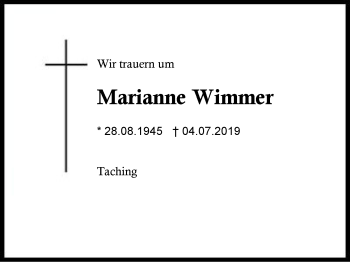 Traueranzeige von Marianne Wimmer von Region Berchtesgadener Land