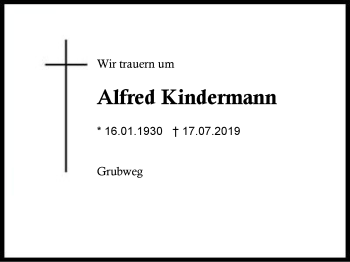 Traueranzeige von Alfred Kindermann von Region Berchtesgadener Land