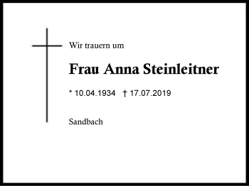 Traueranzeige von Anna  Steinleitner von Region Berchtesgadener Land