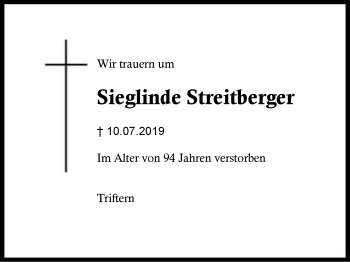 Traueranzeige von Sieglinde Streitberger von Region Berchtesgadener Land