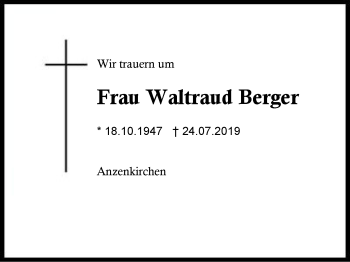 Traueranzeige von Waltraud Berger von Region Berchtesgadener Land