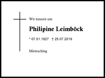 Traueranzeige von Philipine  Leimböck von Region Berchtesgadener Land