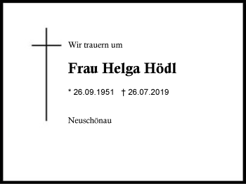 Traueranzeige von Helga Hödl von Region Berchtesgadener Land