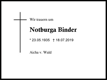 Traueranzeige von Notburga Binder von Region Berchtesgadener Land