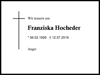 Traueranzeige von Franziska  Hocheder von Region Berchtesgadener Land