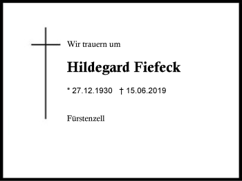 Traueranzeige von Hildegard  Fiefeck von Region Berchtesgadener Land