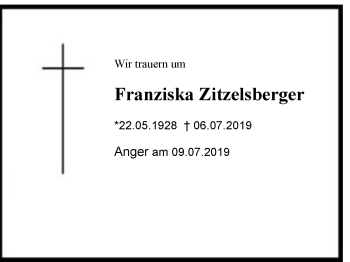 Traueranzeige von Franziska Zitzelsberger von Region Berchtesgadener Land