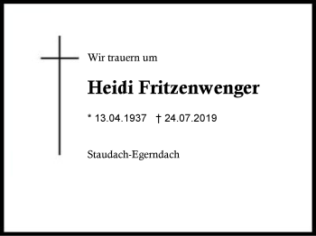 Traueranzeige von Heidi Fritzenwenger von Region Chiemgau