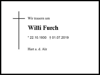 Traueranzeige von Willi Furch von Region Berchtesgadener Land