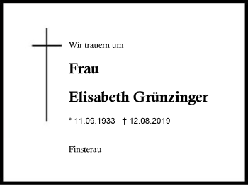 Traueranzeige von Elisabeth Grünzinger von Region Berchtesgadener Land