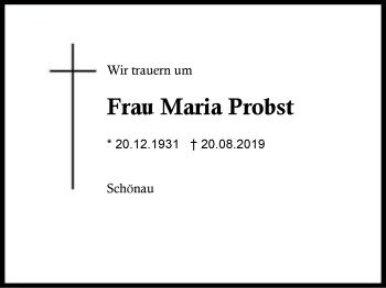 Traueranzeige von Maria Probst von Region Berchtesgadener Land