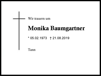 Traueranzeige von Monika Baumgartner von Region Berchtesgadener Land