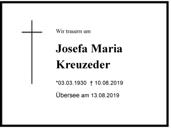 Traueranzeige von Josefa Maria Kreuzeder von Region Chiemgau