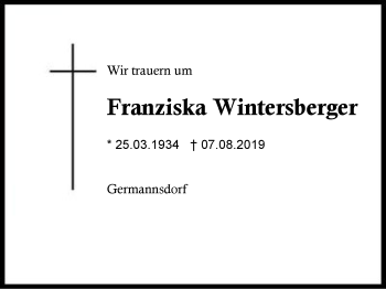 Traueranzeige von Franziska Wintersberger von Region Berchtesgadener Land