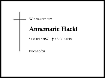 Traueranzeige von Annemarie Hackl von Region Berchtesgadener Land