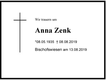 Traueranzeige von Anna Zenk von Region Berchtesgadener Land